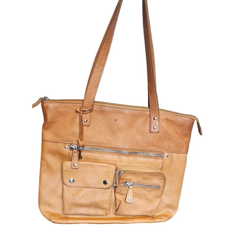 VTG Fossil Gold Pebbled Leather Tote Bag W/ Multiple Pockets & Zipper Closure